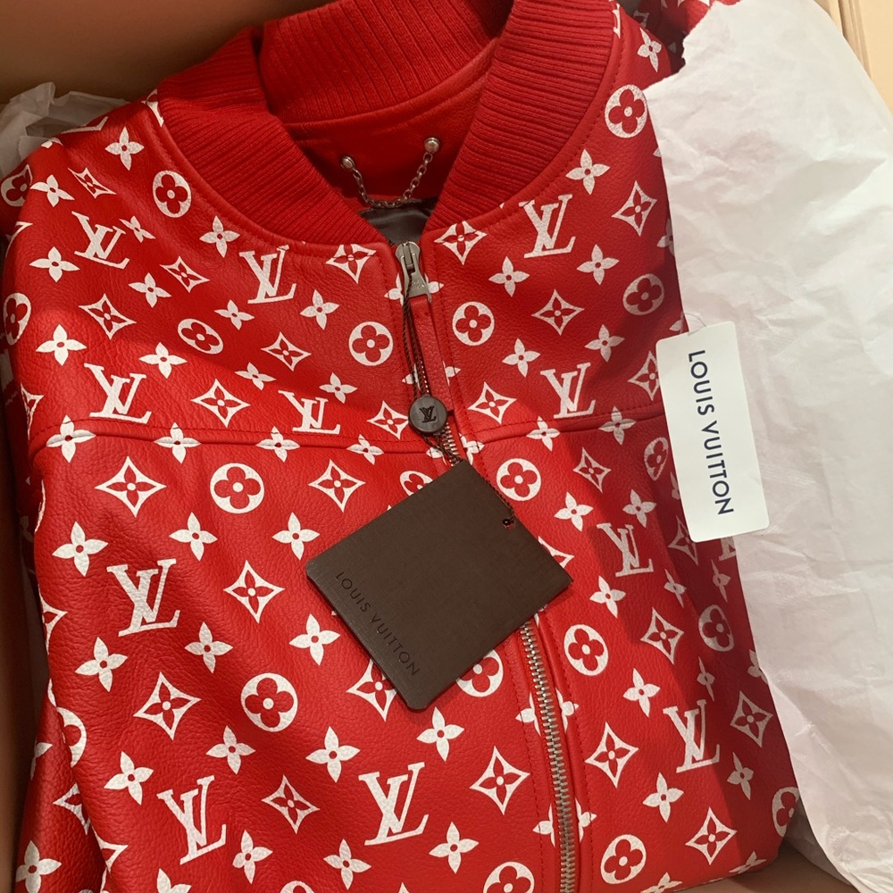RARE Louis Vuitton x Supreme Red Leather Monogram Varsity Bomber Jacket FW17